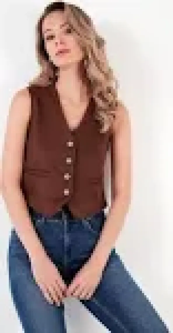 Lela Fitted V Yak Düğmeli Crop Scuba Süet Yelek Bayan Yelek 5865576