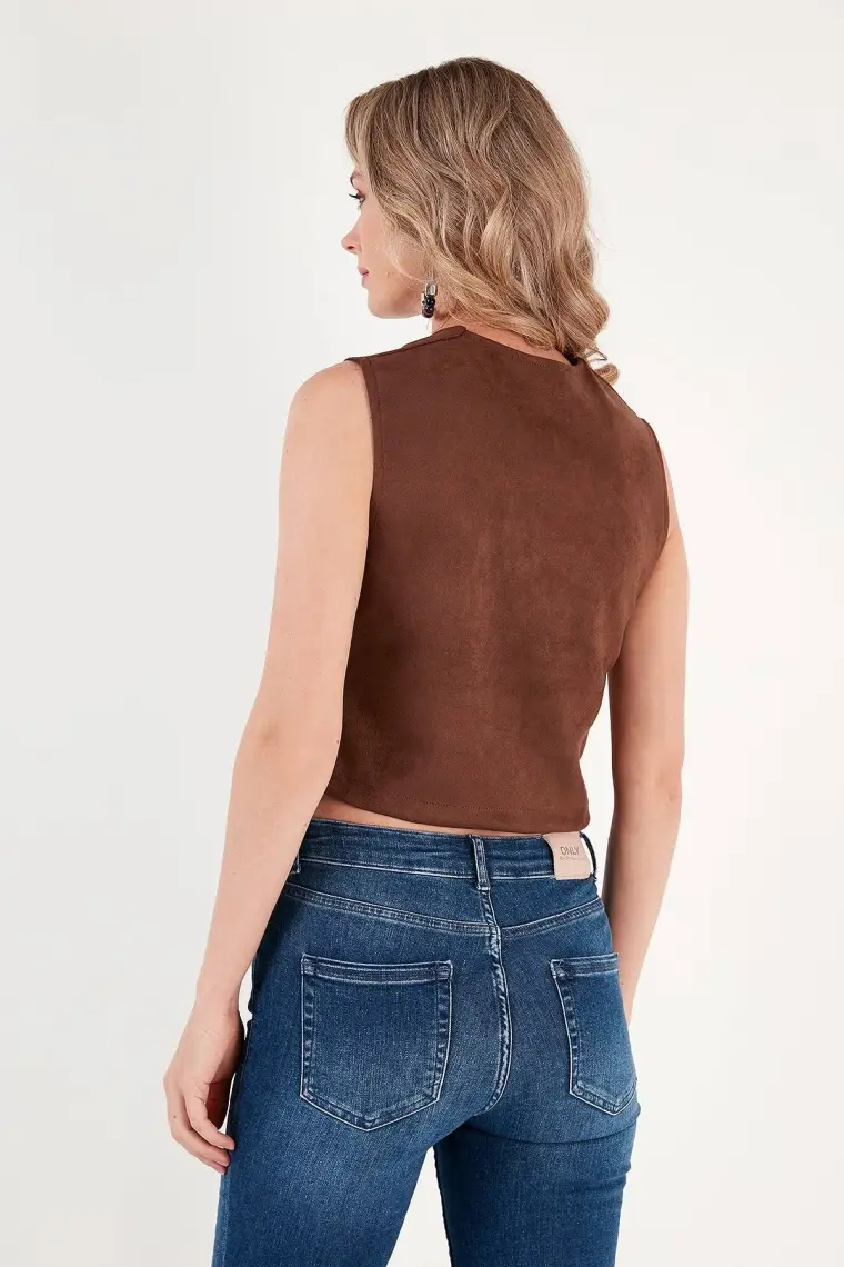 Lela Fitted V Yak Düğmeli Crop Scuba Süet Yelek Bayan Yelek 5865576