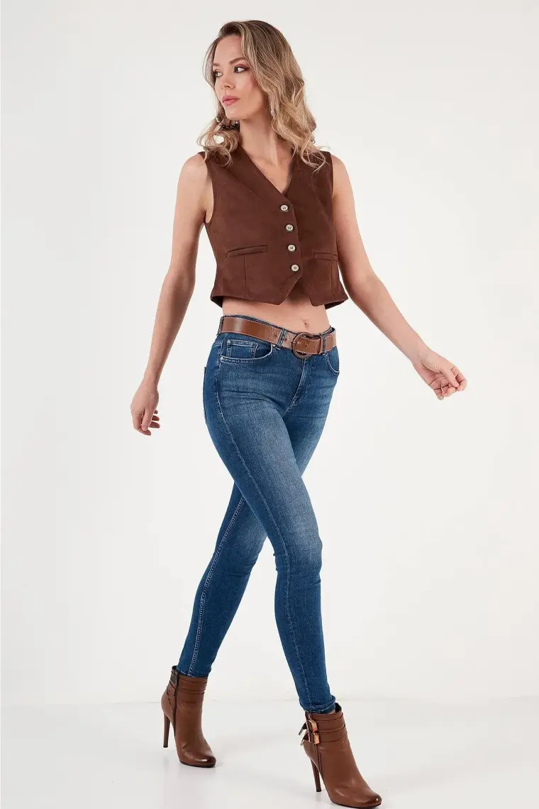 Lela Fitted V Yak Düğmeli Crop Scuba Süet Yelek Bayan Yelek 5865576