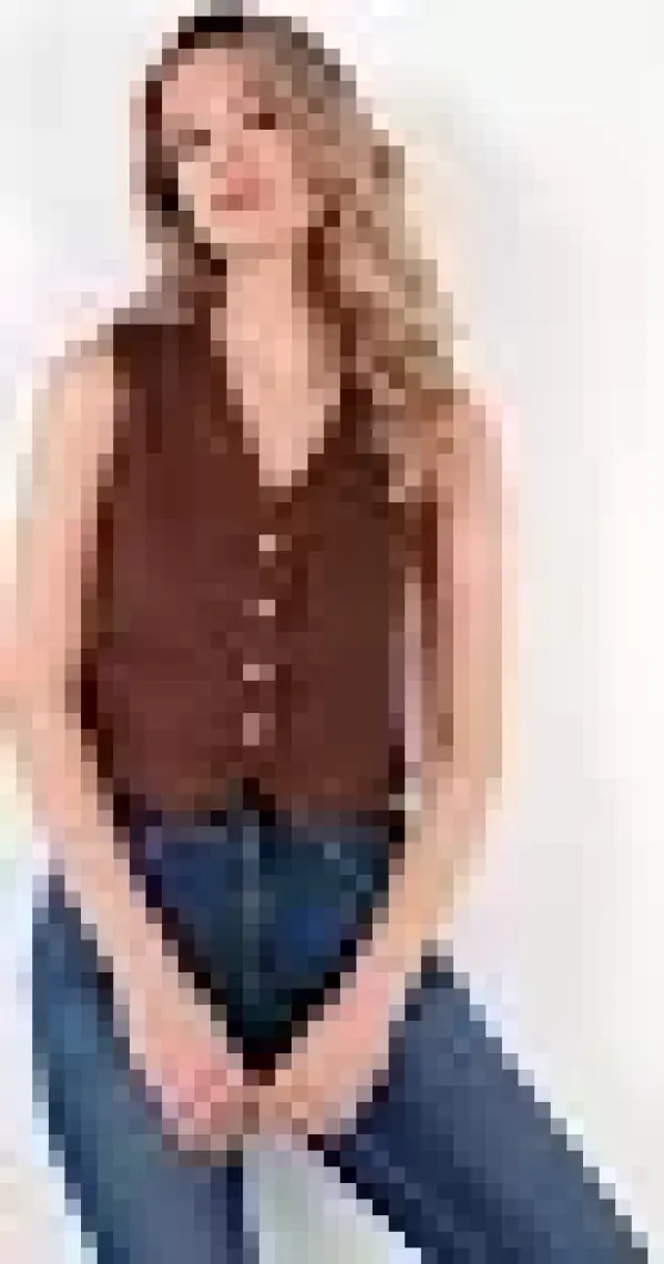 Lela Fitted V Yak Düğmeli Crop Scuba Süet Yelek Bayan Yelek 5865576