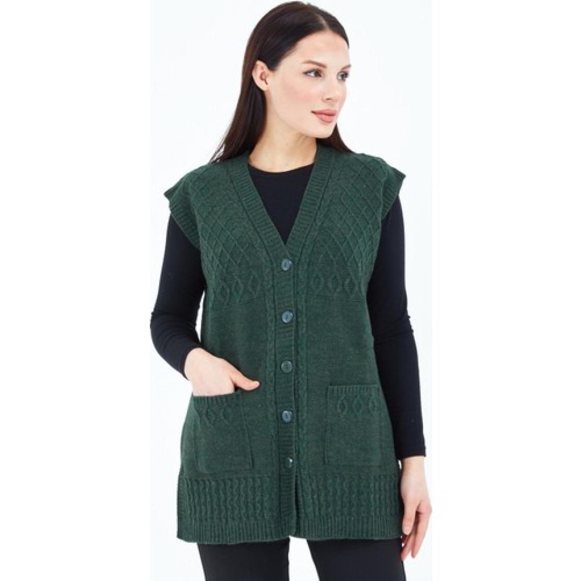 Elçelya Moda Kadın Haki Yeşil V Yaka Düğmeli Cepli Örgü Yün Anne Triko Yelek