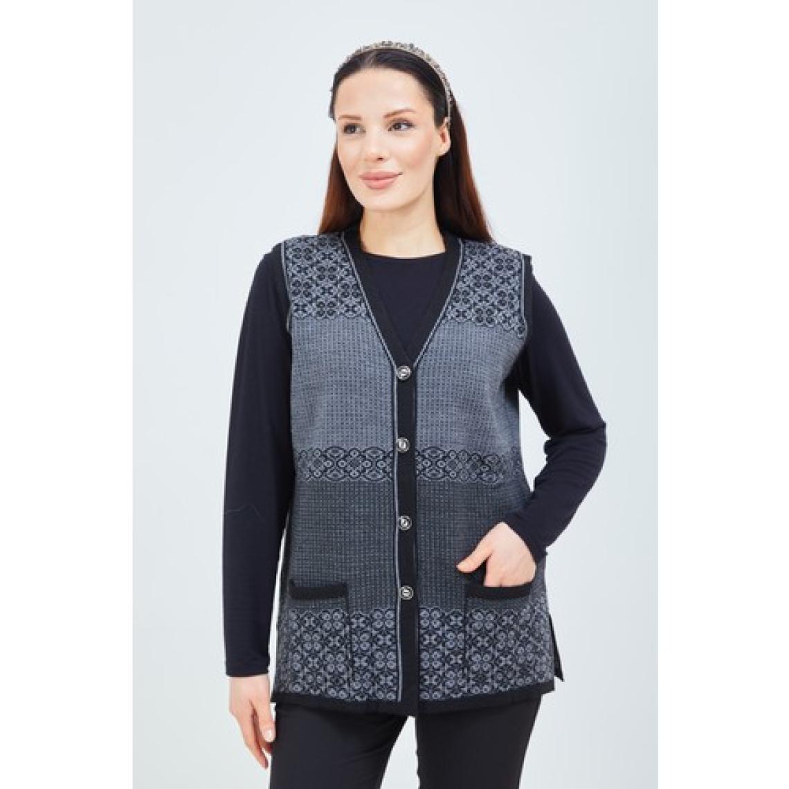 Fresh Moda Kadın Siyah Gri  Desenli Triko Düğmeli Cepli Kışlık Anne Yeleği