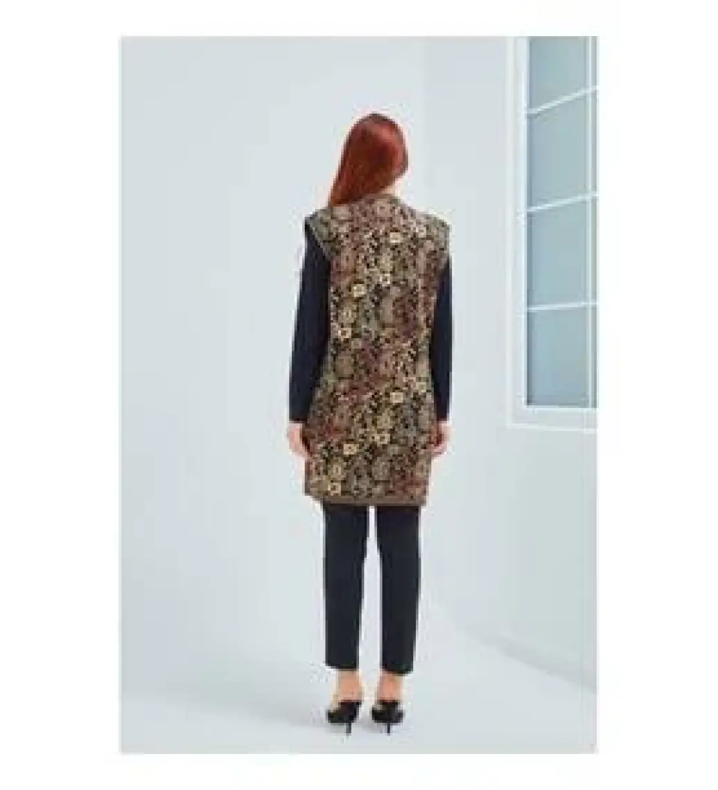 Fresh Moda Kadın Siyah Cepli Anadolu Desenli  Üç Düğmeli Uzun Yelek