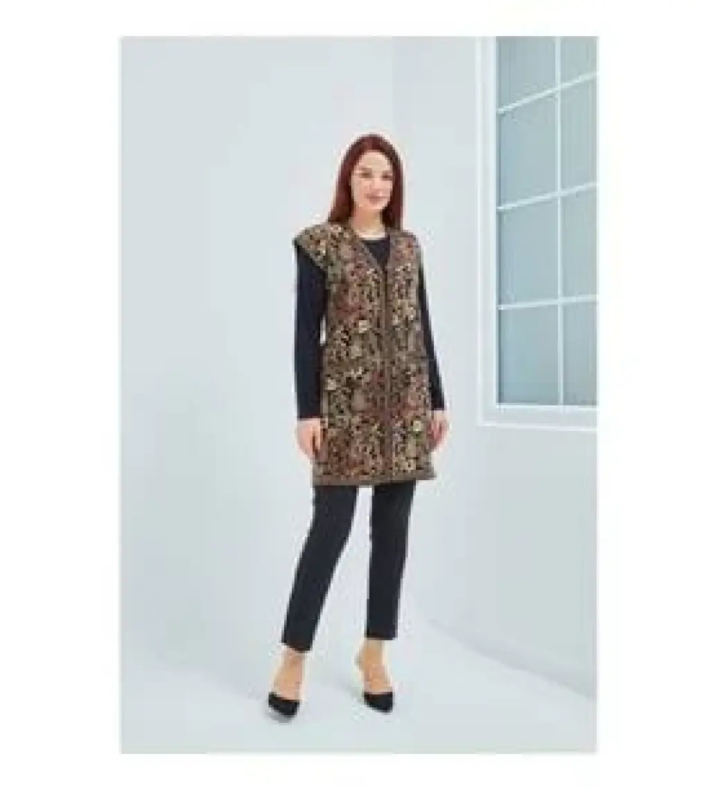 Fresh Moda Kadın Siyah Cepli Anadolu Desenli  Üç Düğmeli Uzun Yelek