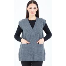 Elçelya Moda Kadın Gri V Yaka Düğmeli Cepli Örgü Yün Anne Triko Yelek