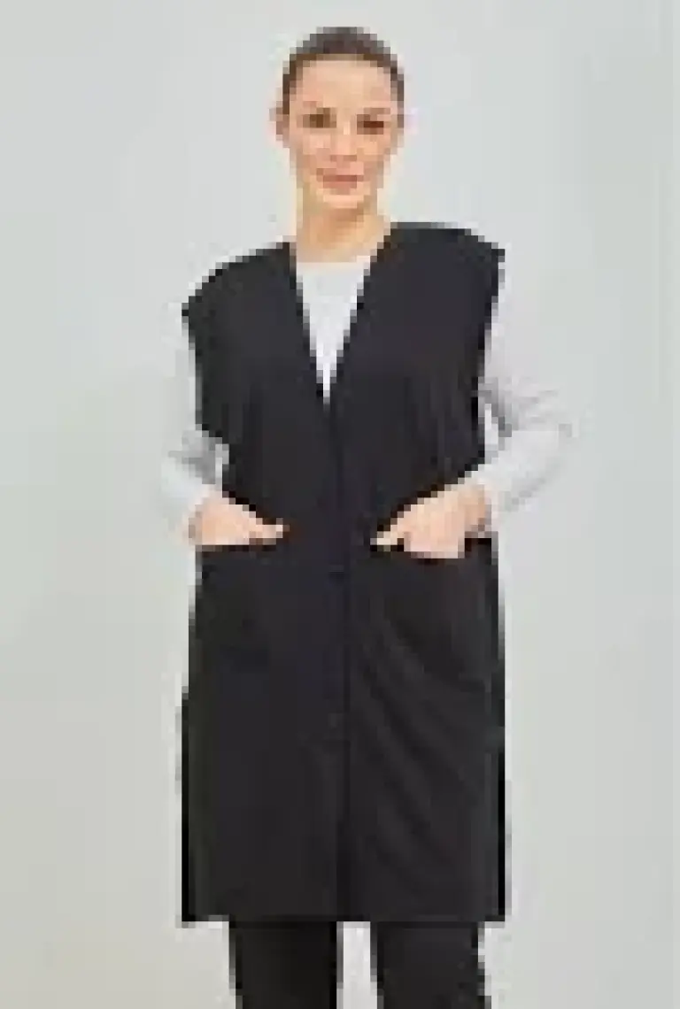 Fresh Moda Kadın Siyah  Uzun Cepli Düğmeli Penye Anne Büyük Beden Tunik Yelek