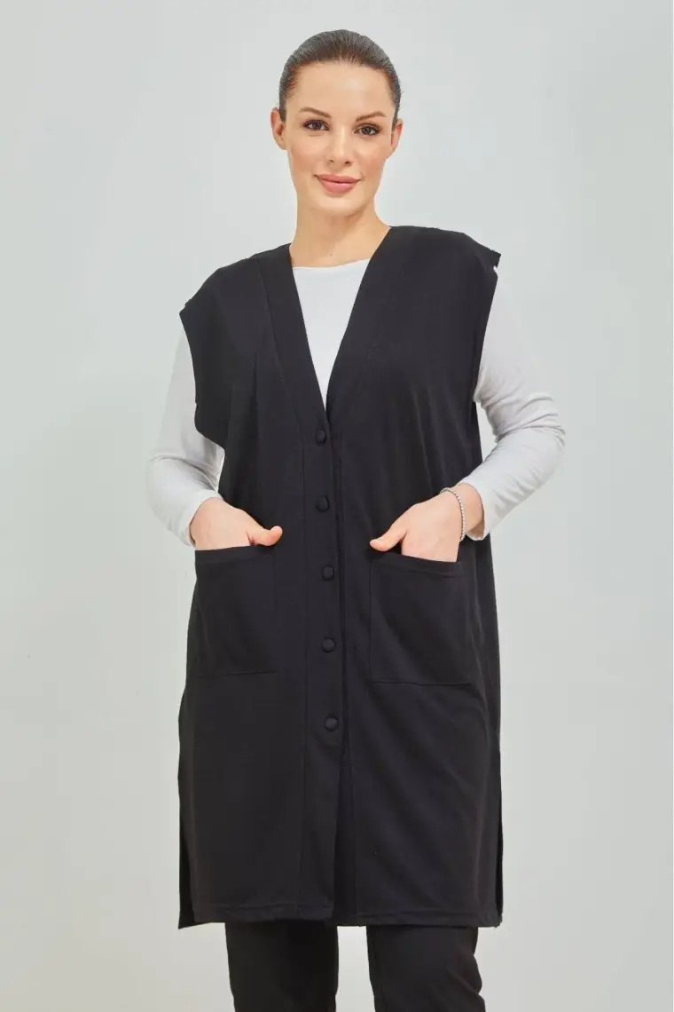 Fresh Moda Kadın Siyah  Uzun Cepli Düğmeli Penye Anne Büyük Beden Tunik Yelek
