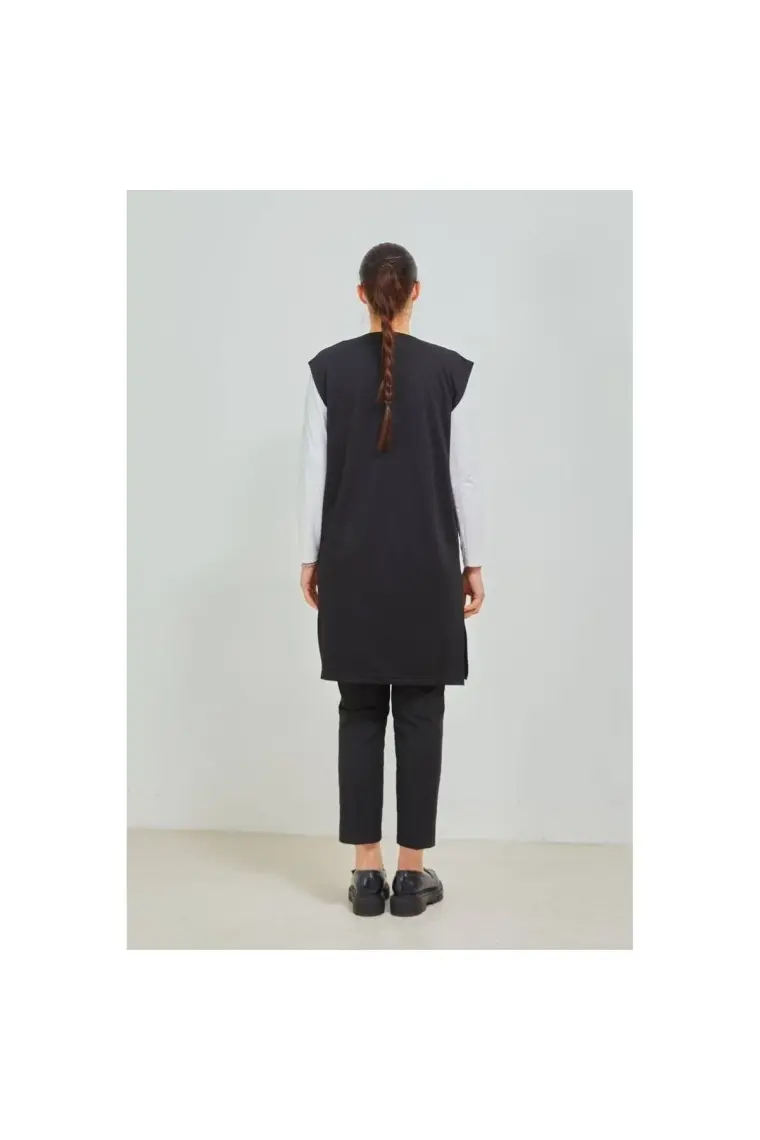 Fresh Moda Kadın Siyah  Uzun Cepli Düğmeli Penye Anne Büyük Beden Tunik Yelek