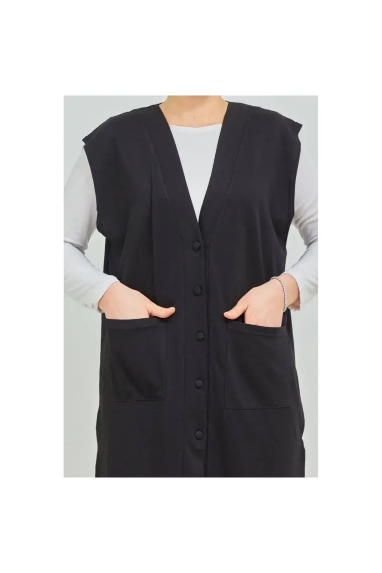 Fresh Moda Kadın Siyah  Uzun Cepli Düğmeli Penye Anne Büyük Beden Tunik Yelek