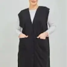 Fresh Moda Kadın Siyah  Uzun Cepli Düğmeli Penye Anne Büyük Beden Tunik Yelek