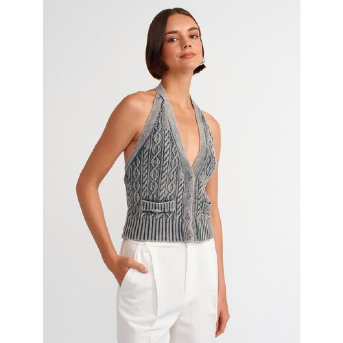 Dilvin 60234 Halter Yaka Düğmeli Triko Yelek-Gri