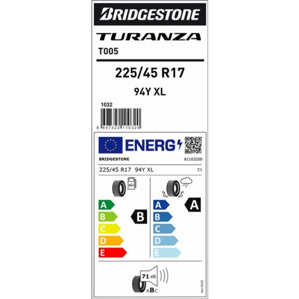 Bridgestone 225/45 R17 94Y XL Turanza T005 Oto Yaz Lastiği ( Üretim Yılı: 2022 )