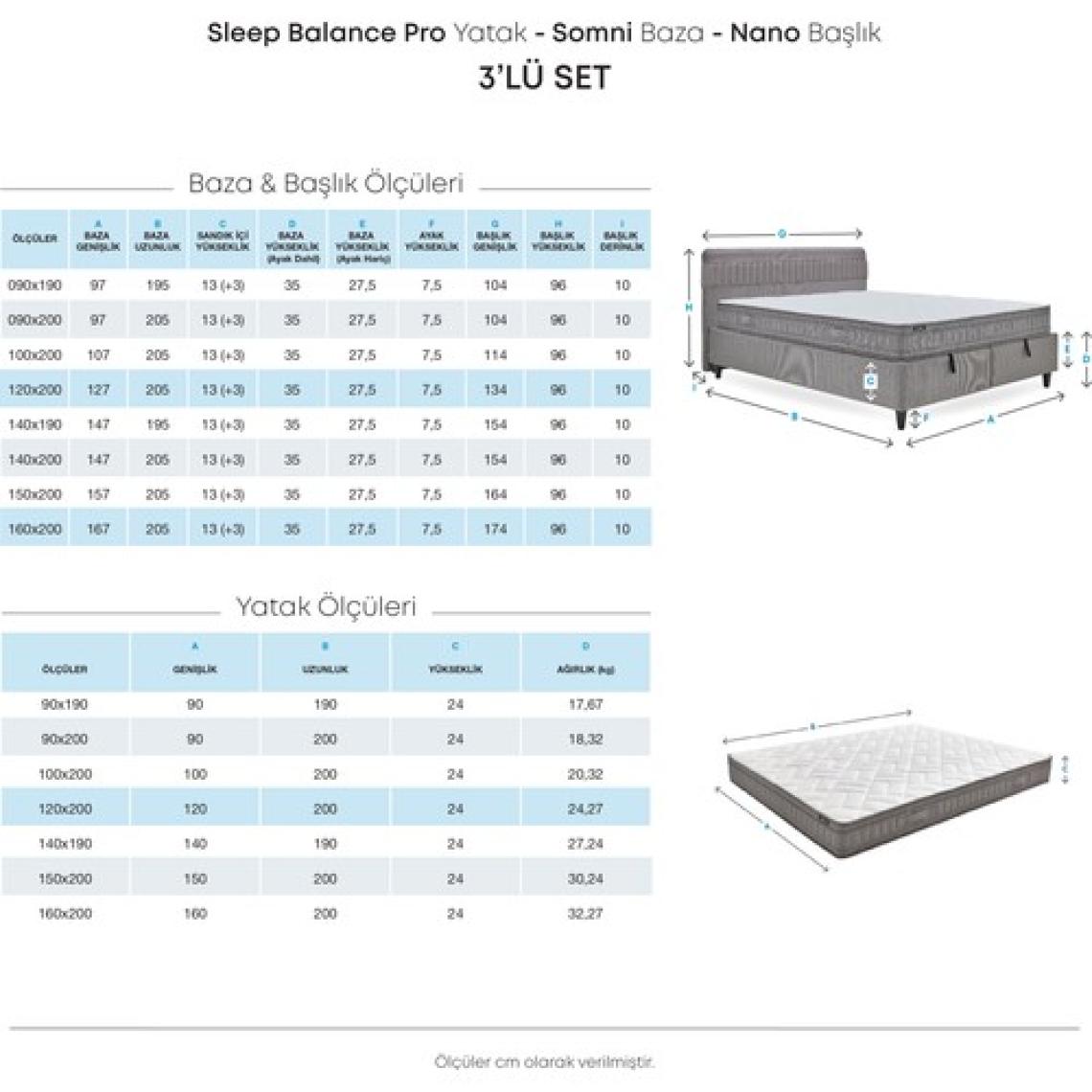 Yataş Bedding Sleep Balance Pro Yatak, Somni Baza, Nano Başlık Çift Kişilik 3'lü Set - Kahverengi