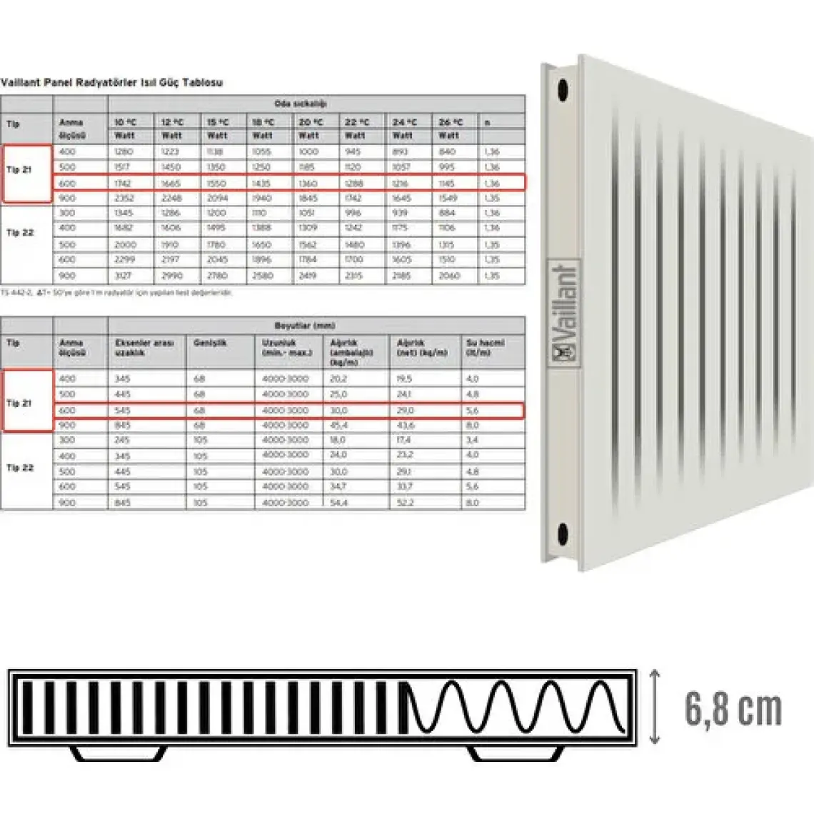 Vaillant 600X500 Panel Radyatör TIP21 (Ince Tip)