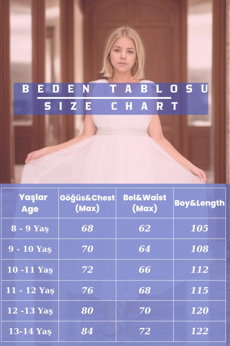 Kız Çocuk Beli Pul İşleme Sırt Lastikli  Dantel Kol Detay Abiye Mezuniyet Düğün Balo Elbise-ABY-0028