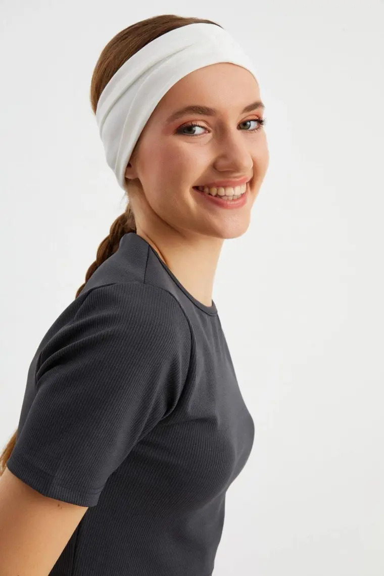 Butikgiz Beyaz  Kadın Çift Taraflı Kullanım Alternatifli, Pamuklu Penye, Kaymaz, Hafif, Spor Saç Bandı Bandana