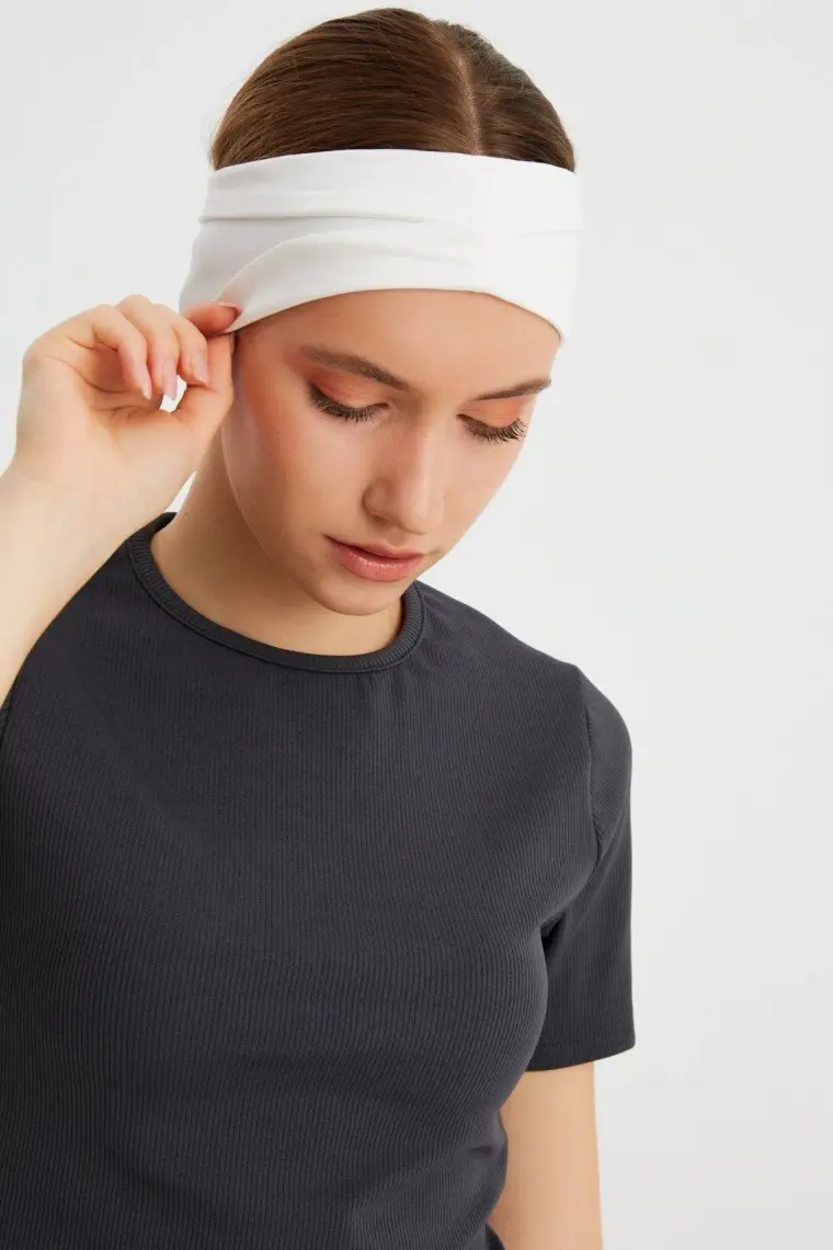 Butikgiz Beyaz  Kadın Çift Taraflı Kullanım Alternatifli, Pamuklu Penye, Kaymaz, Hafif, Spor Saç Bandı Bandana