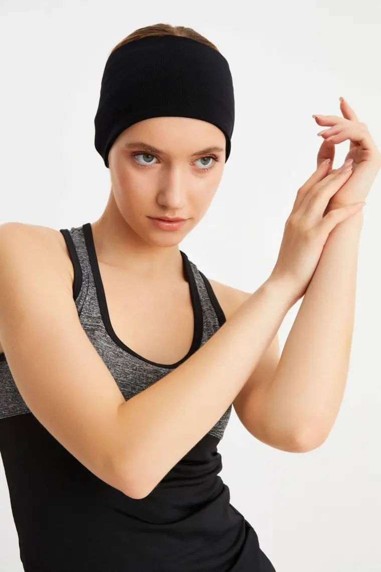 Butikgiz Siyah Kadın Pamuklu Penye, Kaymaz, Terletmez, Ultra Hafif, Spor Saç Bandı Bandana