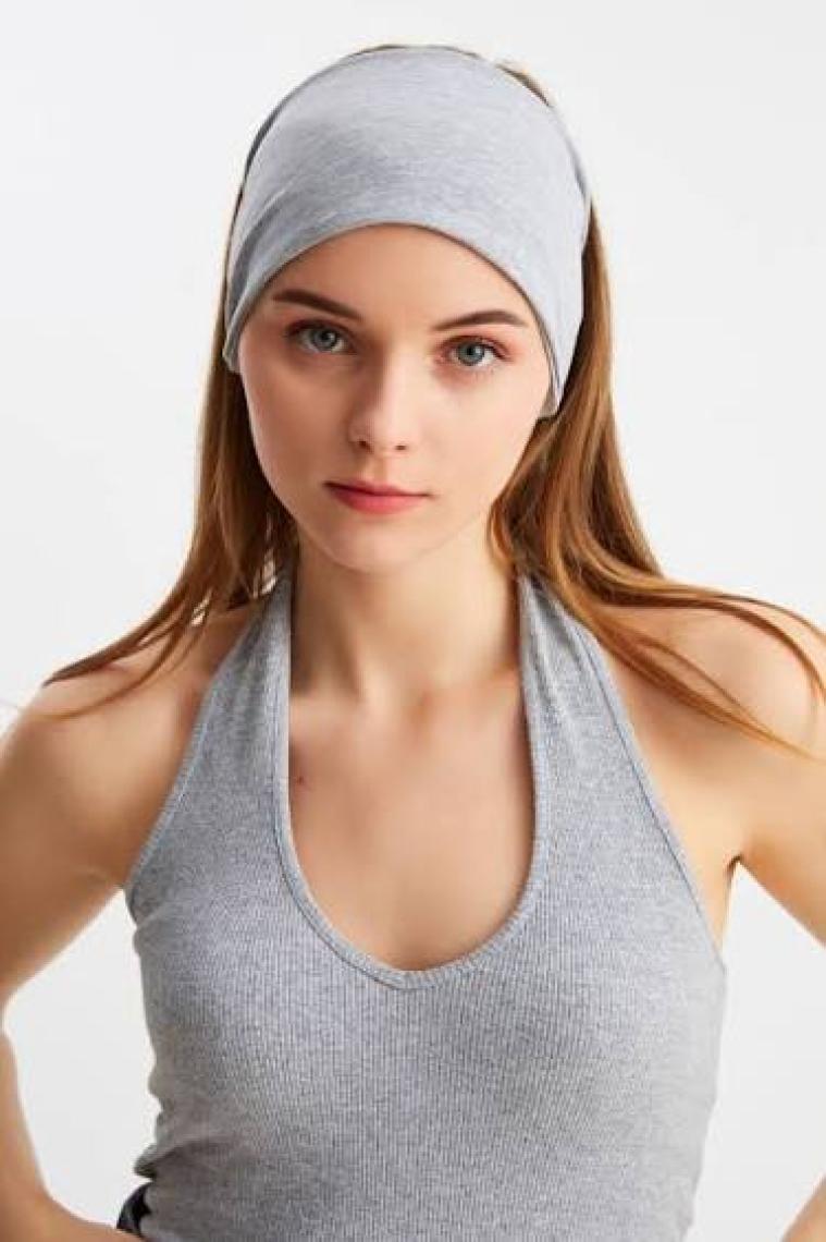 Butikgiz Açık Gri Kadın Çift Taraflı Kullanım Alternatifli, Pamuklu Penye, Kaymaz, Hafif, Spor Saç Bandı Bandana