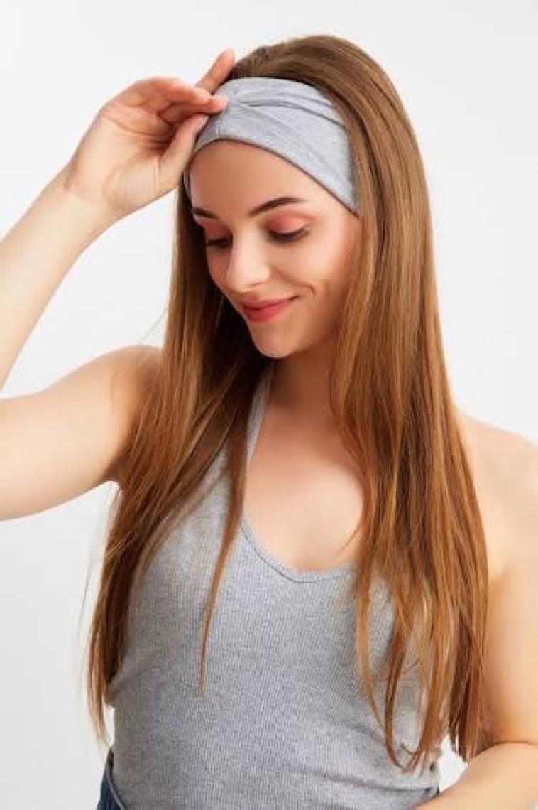 Butikgiz Açık Gri Kadın Çift Taraflı Kullanım Alternatifli, Pamuklu Penye, Kaymaz, Hafif, Spor Saç Bandı Bandana