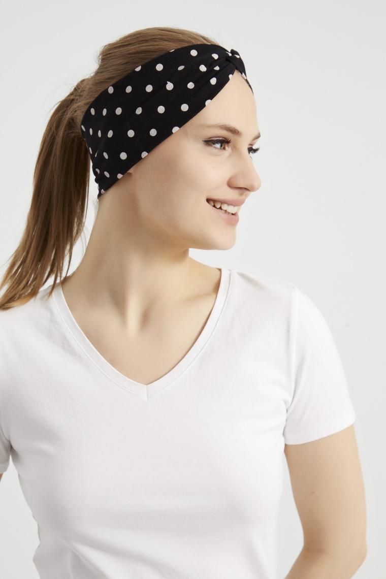 Butikgiz Siyah Beyaz Puantiyeli Butik Kadın Bandana Saç Bandı, Ekstra Yumuşak, Esnek, Doğal, Pamuklu Penye Kumaş