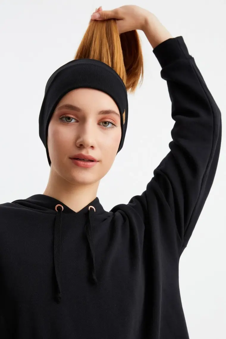Butikgiz Siyah Kadın Pamuklu Termal, Kaymaz, Terletmez, Ultra Hafif, Spor Saç Bandı Bandana Buff