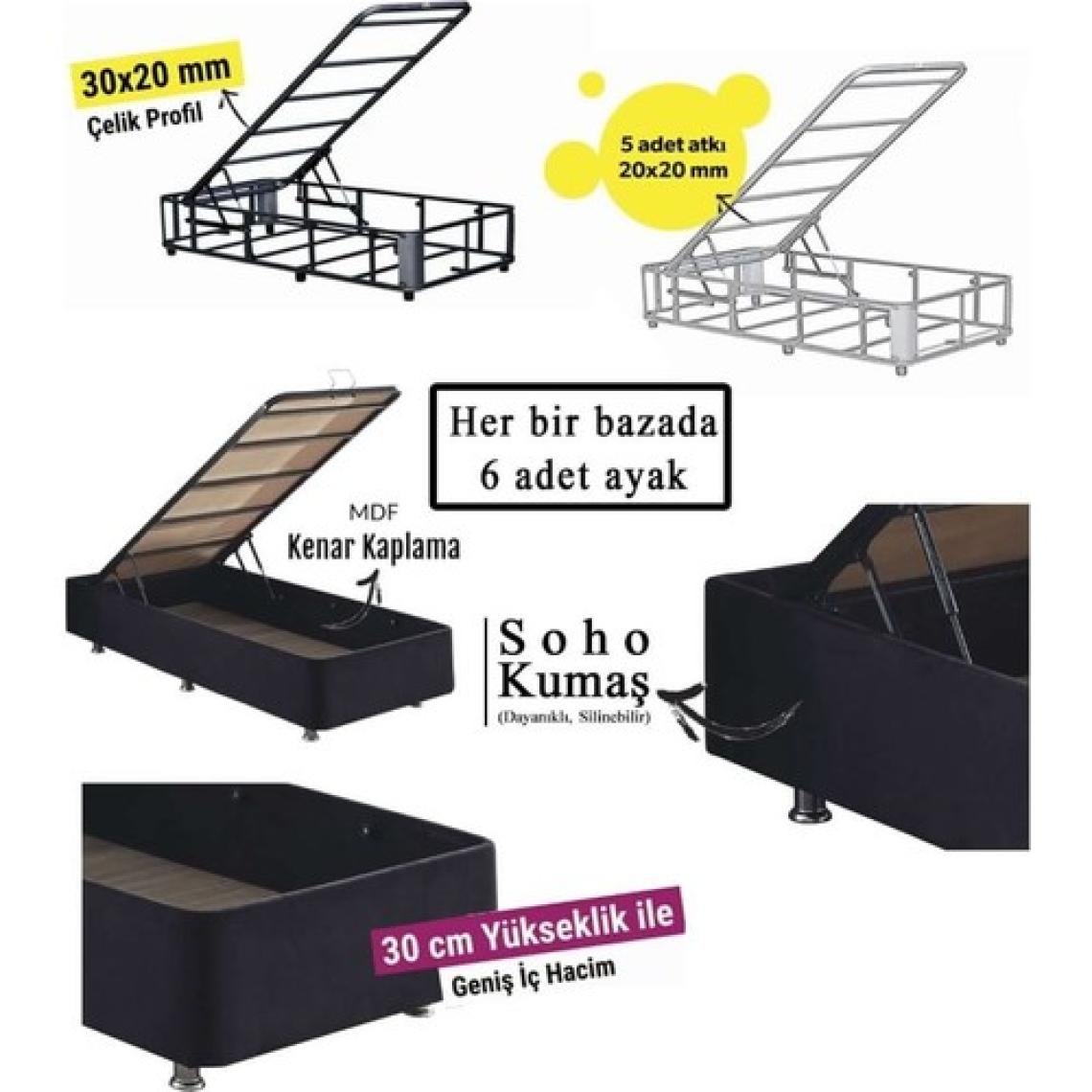 Niron Juliette 90x190 cm Tek Kişilik Yatak, Baza ve Başlık Seti - Siyah Kumaş Baza, Başlık ve Yatak Takımı