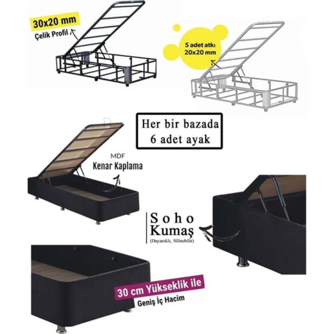 Niron Piano Lite Baza ve Başlık Seti 120x200 cm Tek Kişilik Siyah Metal Profil Baza ve Başlığı Silinebilir Soho Kumaş