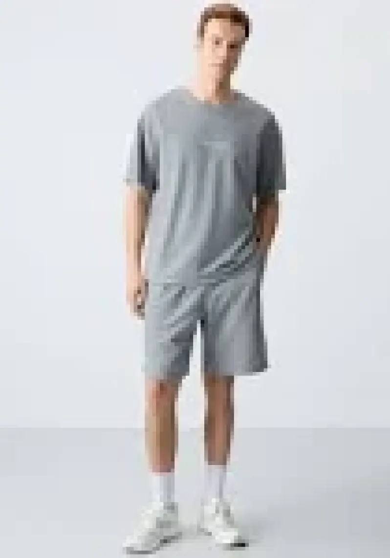 Air Jones Gri Melanj Pamuklu Kalın Yumuşak Dokulu Oversize Fit Basic Erkek Şort Takım - 85257