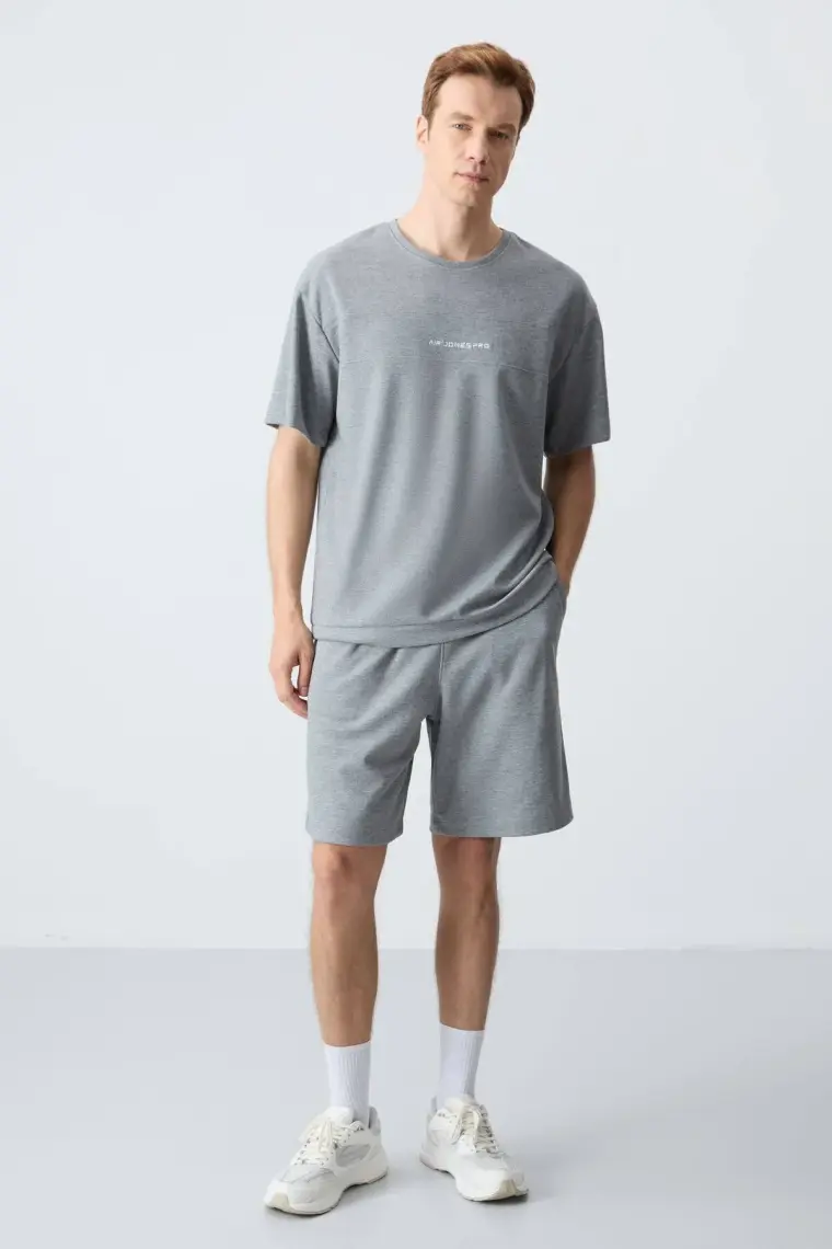 Air Jones Gri Melanj Pamuklu Kalın Yumuşak Dokulu Oversize Fit Basic Erkek Şort Takım - 85257