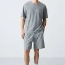 Air Jones Gri Melanj Pamuklu Kalın Yumuşak Dokulu Oversize Fit Basic Erkek Şort Takım - 85257