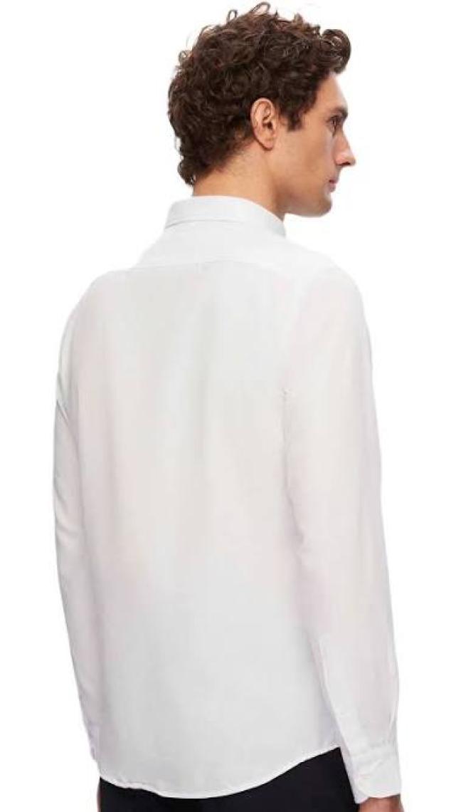 Slim Fit Beyaz Armürlü Düğmeli Yaka Pamuklu Gömlek 5HC02ORT07265