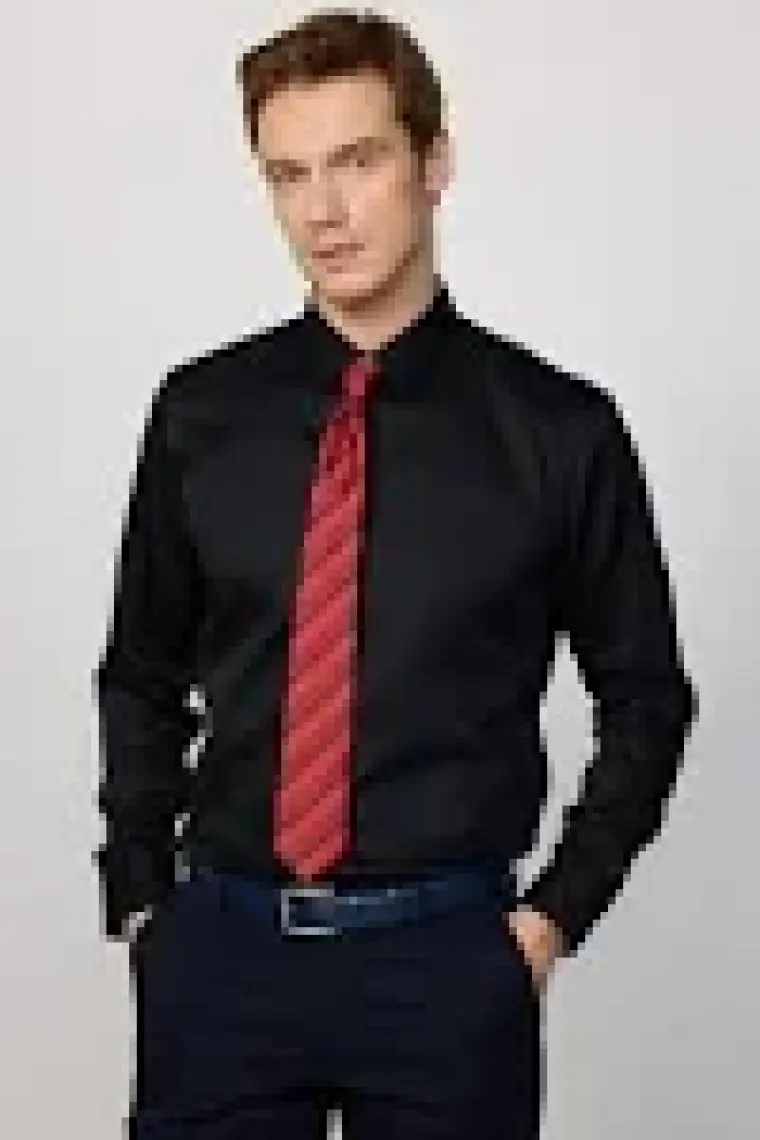 Tudors Slim Fit Non Iron Siyah Erkek Gömlek