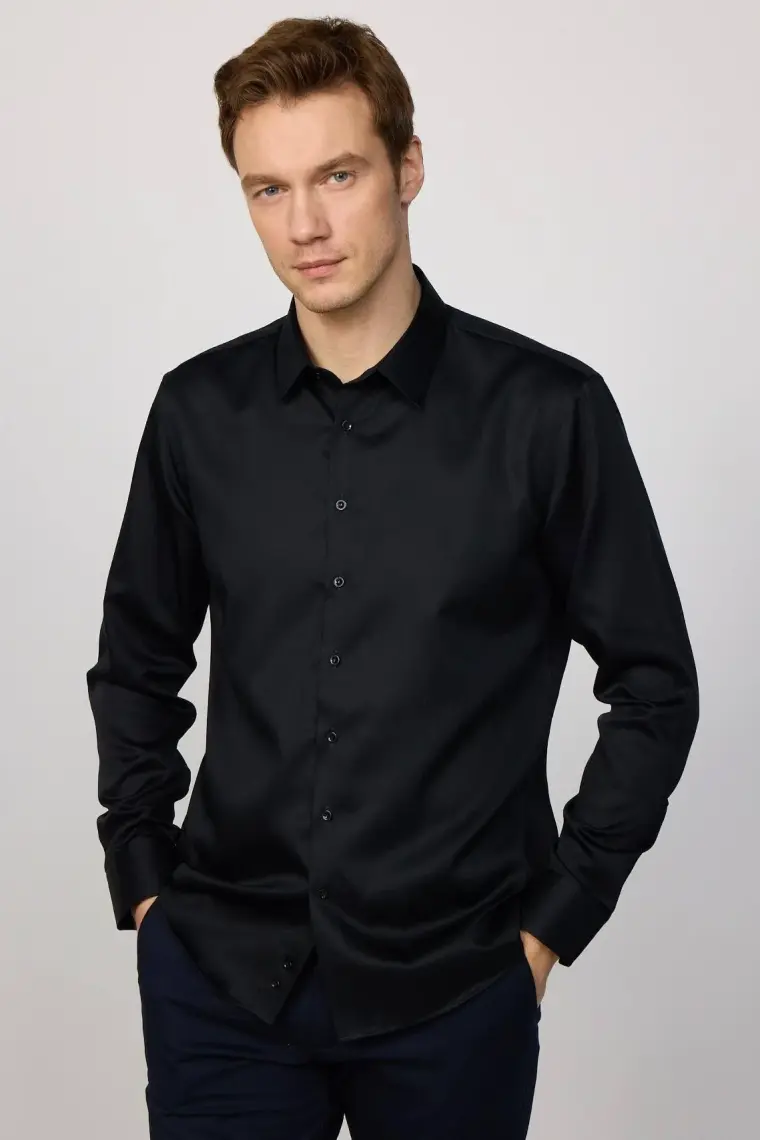 Tudors Slim Fit Non Iron Siyah Erkek Gömlek