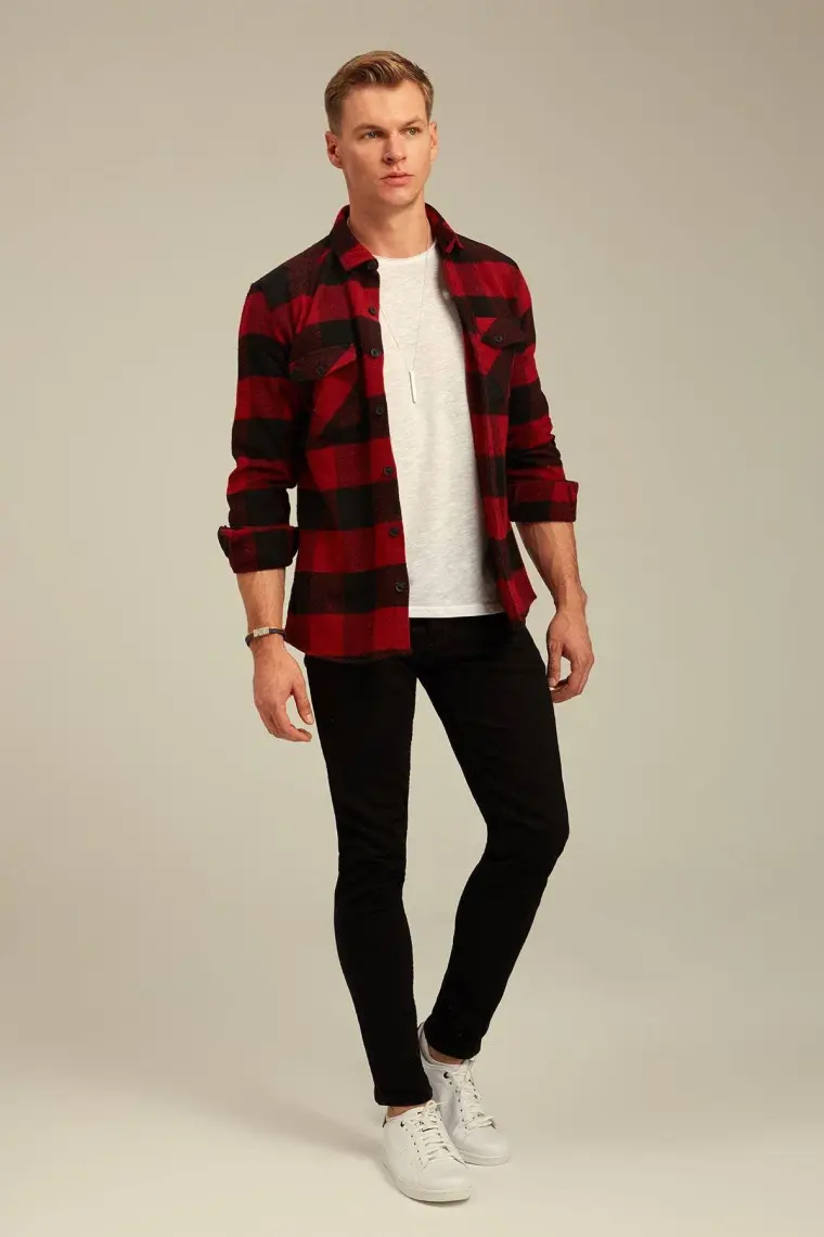 Cool Tarz Kırmızı Erkek Slim Fit Düğmeli Yaka Çift Cepli Oduncu Ekose Gömlek