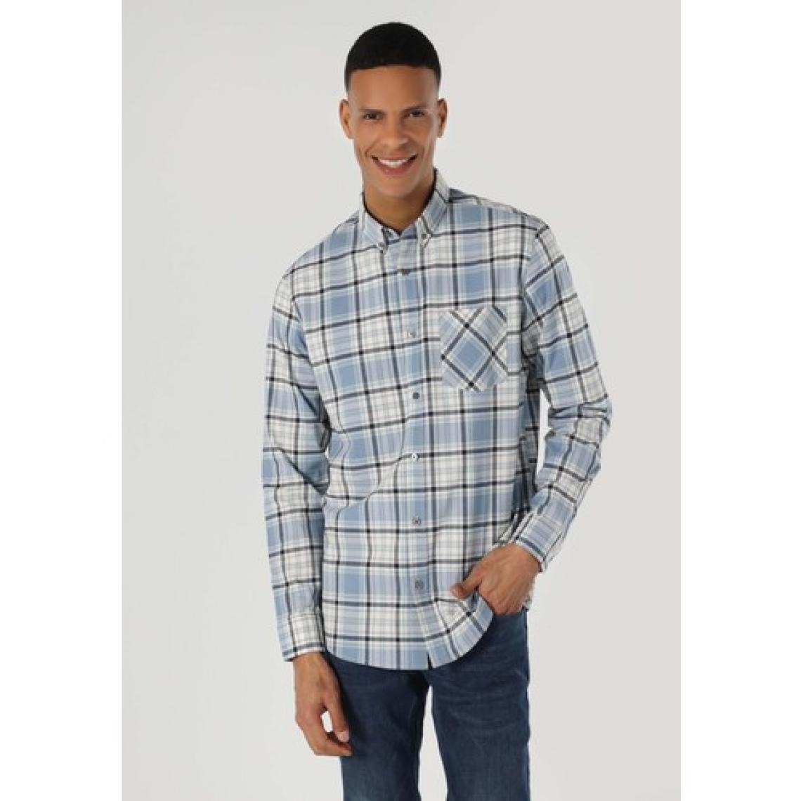 Regular Fit Shirt Neck Ekoseli Erkek Mavi Uzun Kol Gömlek