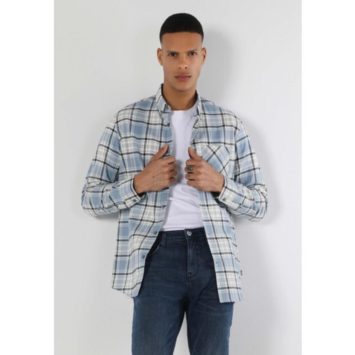Regular Fit Shirt Neck Ekoseli Erkek Mavi Uzun Kol Gömlek