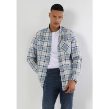 Regular Fit Shirt Neck Ekoseli Erkek Mavi Uzun Kol Gömlek