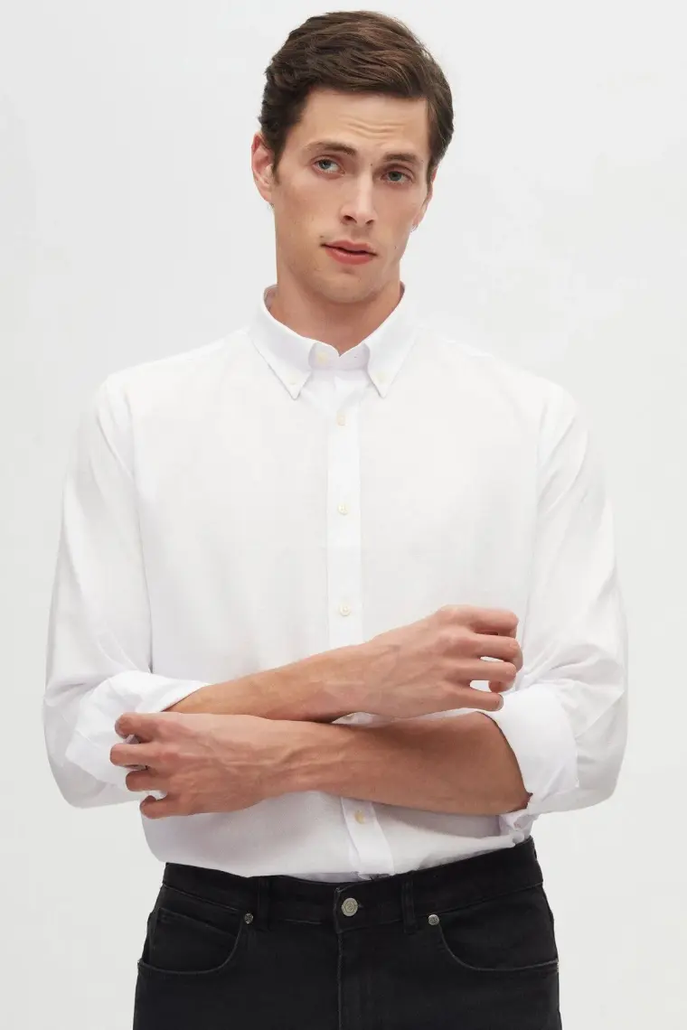 Slim Fit Beyaz Armürlü Düğmeli Yaka Pamuklu Gömlek 5HC02ORT07265