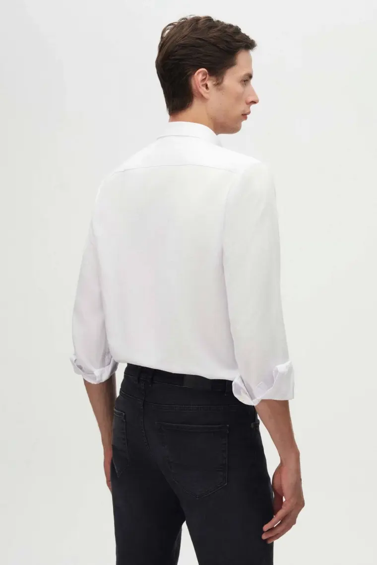 Slim Fit Beyaz Armürlü Düğmeli Yaka Pamuklu Gömlek 5HC02ORT07265