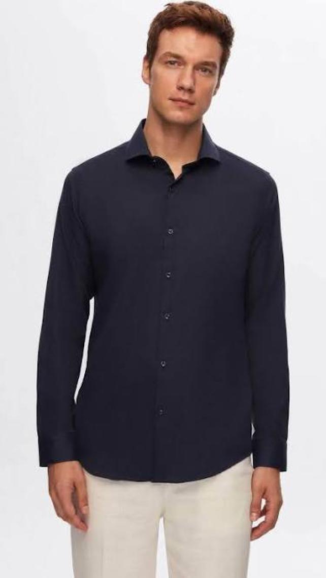 Slim Fit Lacivert Italyan Yaka Armürlü Uzun Kollu Kolay Ütülenebilir Nefes Alan Dört Mevsim 2HF02ORT3185