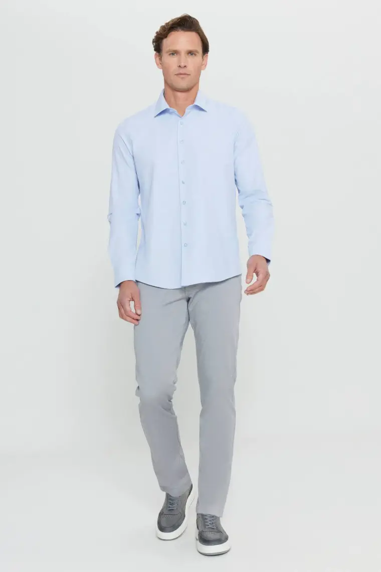 AC&Co / Altınyıldız Classics Erkek Açık Mavi Ütülemesi Kolay Slim Fit Dar Kesim Klasik Yaka Pamuklu Gömlek