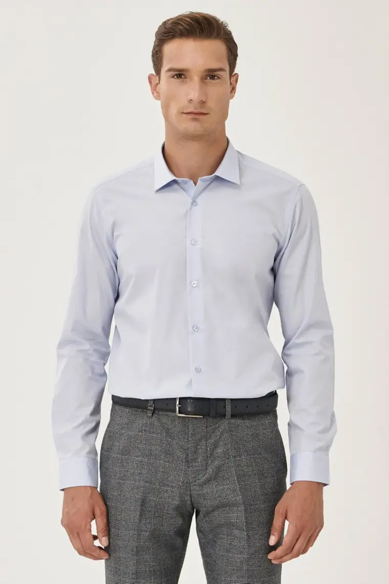 AC&Co / Altınyıldız Classics Erkek Açık Mavi Ütülemesi Kolay Slim Fit Dar Kesim Klasik Yaka Pamuklu Gömlek