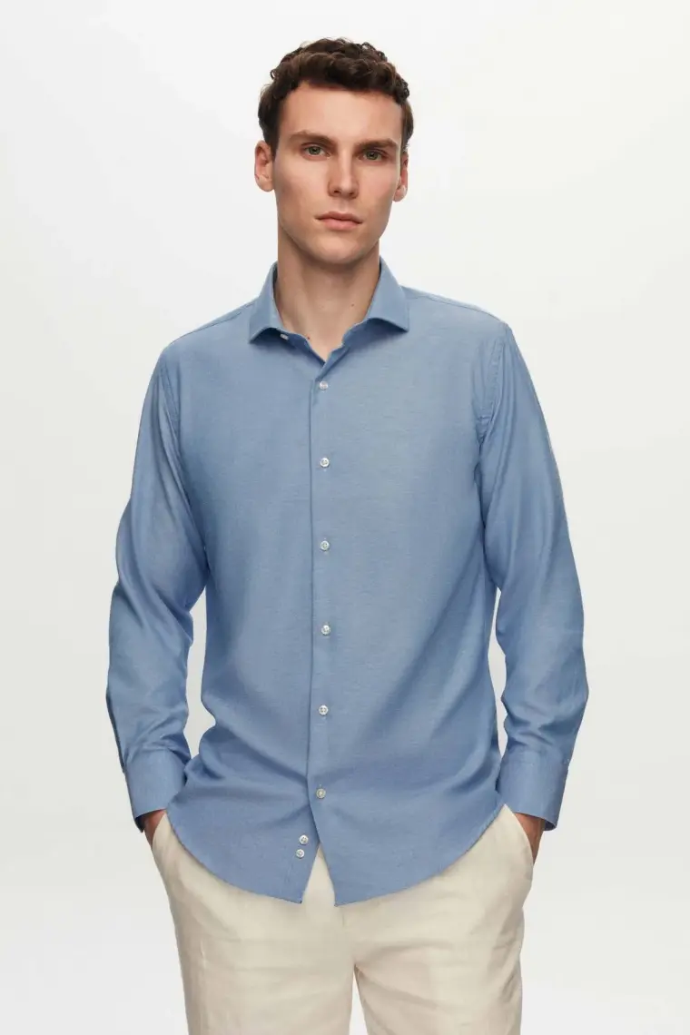 D'S Damat Slim Fit Koyu Mavi İtalyan Yaka Gömlek 2HF02ORT5185