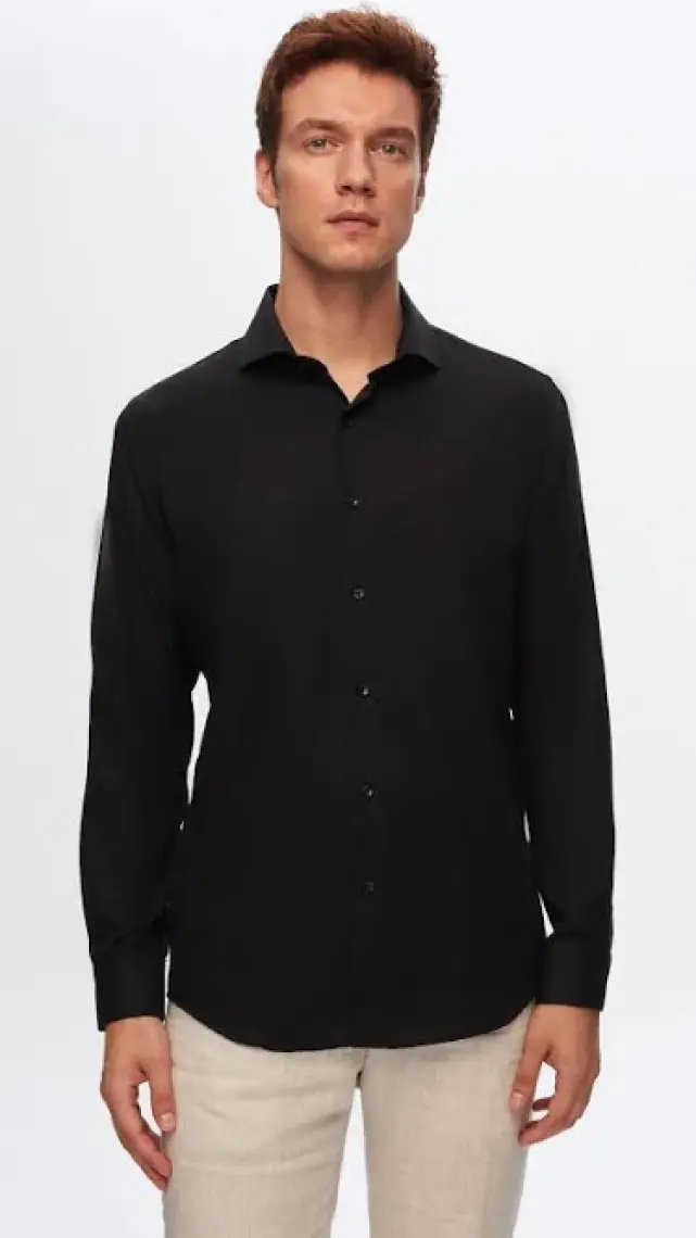 Slim Fit Siyah Italyan Yaka Armürlü Uzun Kollu Kolay Ütülenebilir Nefes Alan Dört Mevsim Gö 2HF02ORT3185