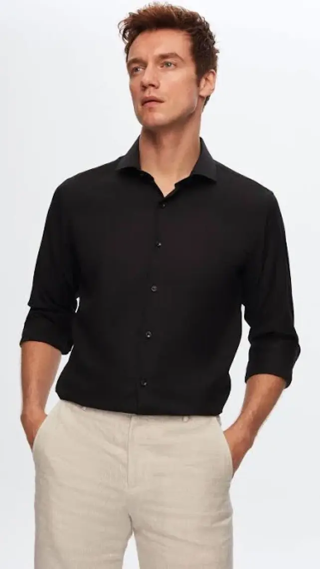 Slim Fit Siyah Italyan Yaka Armürlü Uzun Kollu Kolay Ütülenebilir Nefes Alan Dört Mevsim Gö 2HF02ORT3185