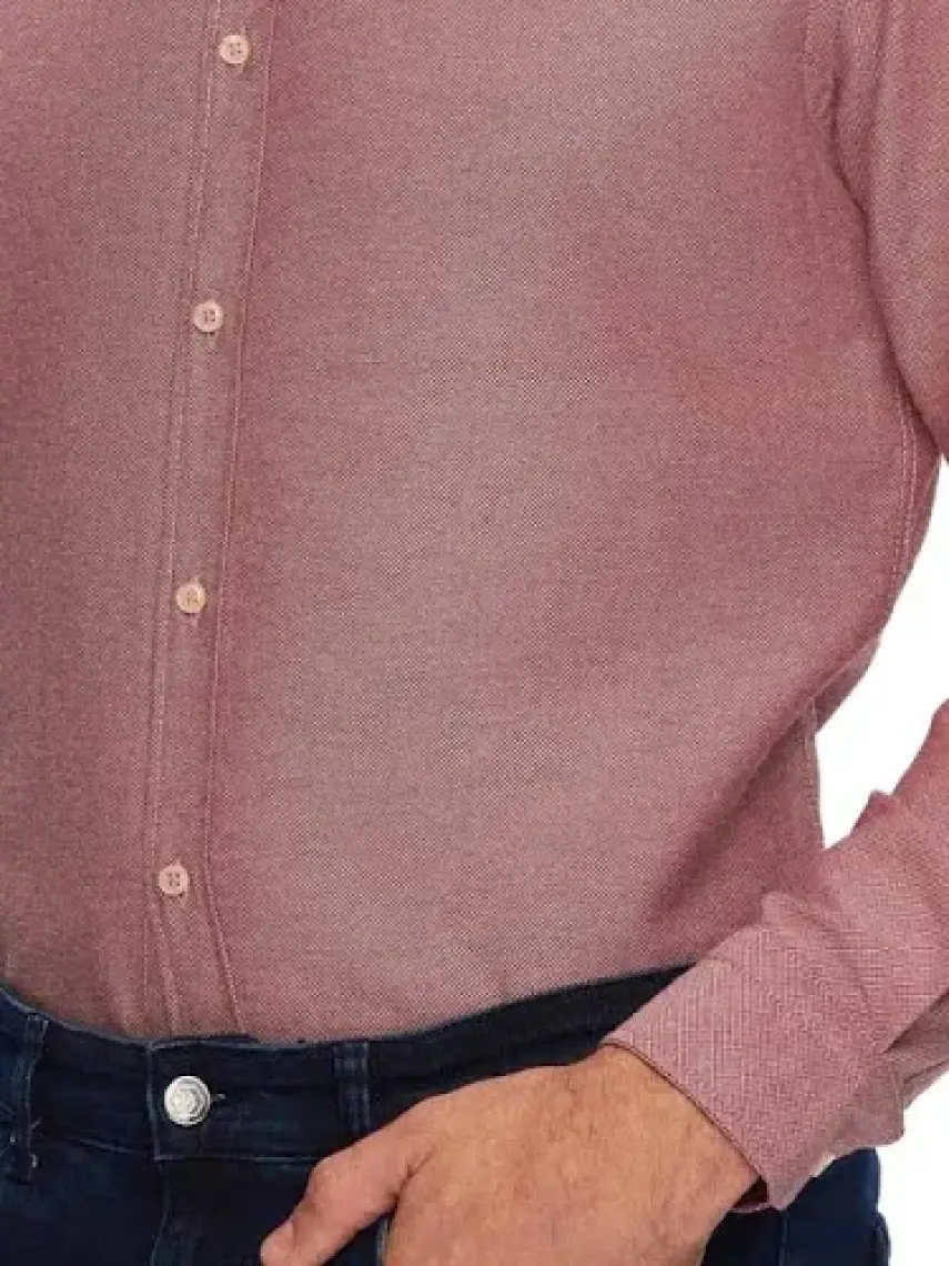 Slim Fit Bordo Armürlü Düğmeli Yaka Pamuklu Gömlek 5HC02ORT07265