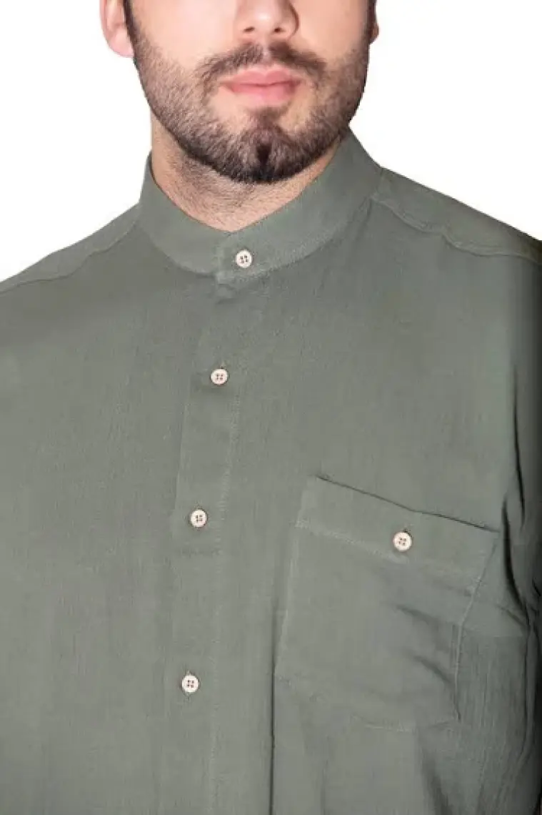 Eliş Şile Bezi Uzun Kol Şile Bezi Hakim Yaka Tek Cepli Erkek Gömlek Haki