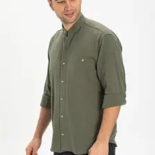 Eliş Şile Bezi Uzun Kol Şile Bezi Hakim Yaka Tek Cepli Erkek Gömlek Haki