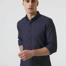 Slim Fit Lacivert Armürlü Düğmeli Yaka Pamuklu Gömlek 5HC02ORT07265